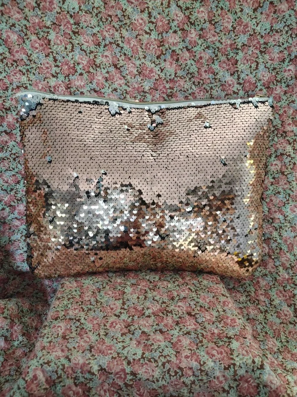 NWOT Large Pink Silver Sequin Makeup Bag Clutch